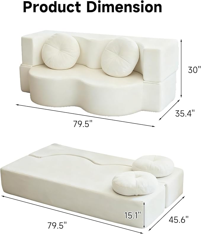 2-in-1 Convertible Folding Sofa Bed Sleeper Sofa with Pillow Teddy Fabric High-Density Foam Floor Mattress Sleeper for Living Room Guest Use Office Apartment No Assembly Required (Beige)