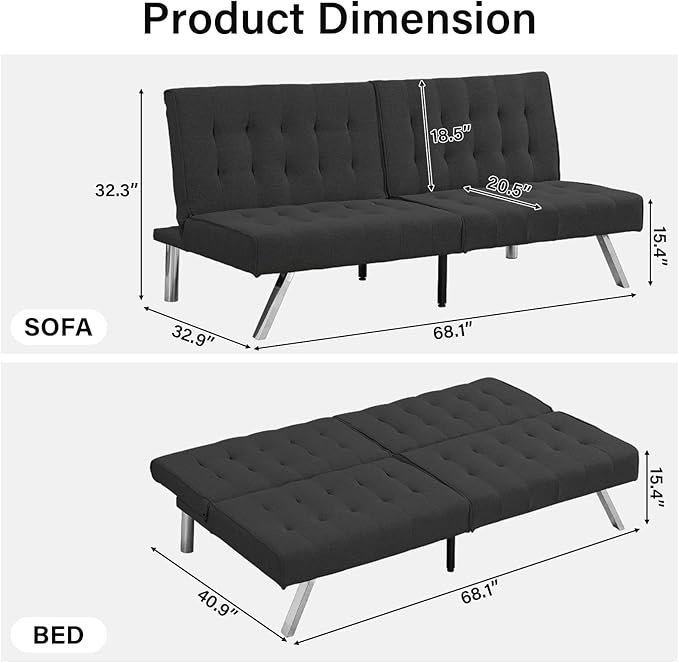 Convertible Sofa Bed Adjustable Couch Sleeper - Fabric Loveseat Futon Bed with Breathable Chenille Metal Legs and Adjustable Lounge - Perfect for Compact Living Space