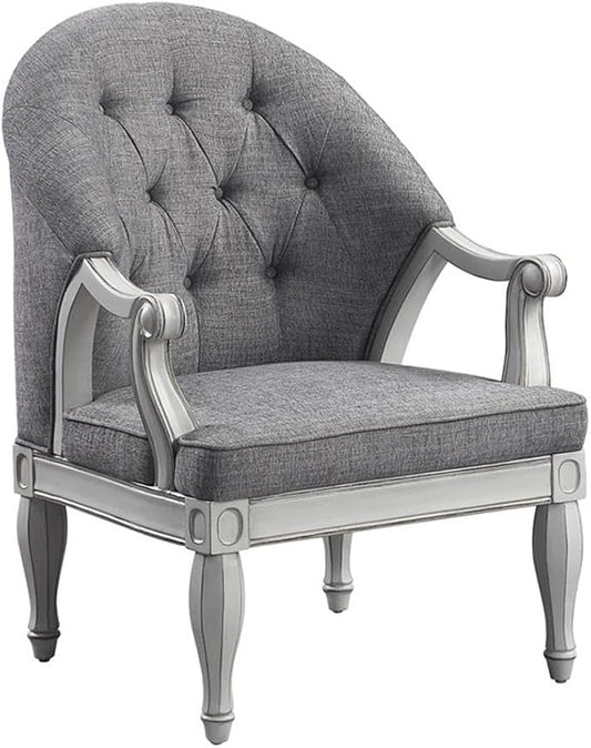 Pemberly Row Button Tufted Fabric &amp Wood Accent Chair Gray/Antique White Finish 41 H x 31 W x 32 D Foam Cushion Wooden Legs Transitional Style for Living Room or Family Room Seating