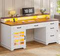 60'' Farmhouse Executive Desk with Drawers Home Office Desk with Power Outlet &amp LED Light Wood Computer Desk with Monitor Stand Locking File Drawer Glass Storage Cabinet Hooks White