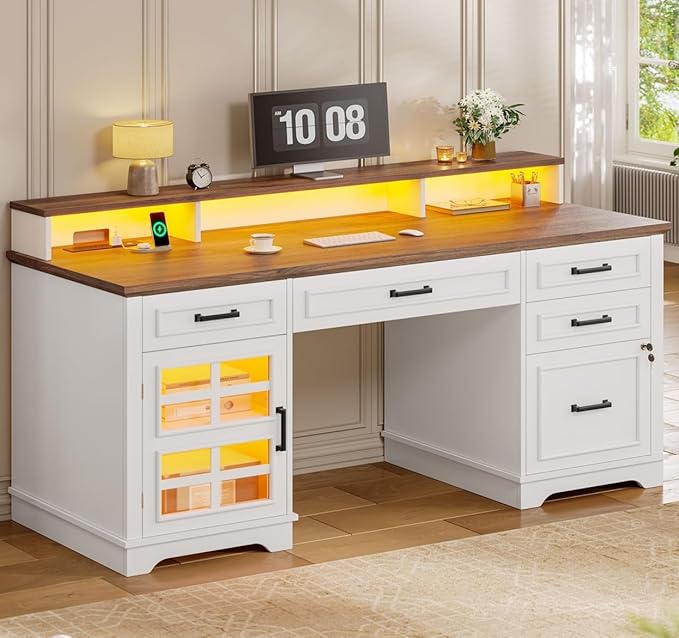 60'' Farmhouse Executive Desk with Drawers Home Office Desk with Power Outlet &amp LED Light Wood Computer Desk with Monitor Stand Locking File Drawer Glass Storage Cabinet Hooks White