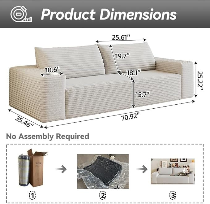 71 Boneless CouchNo Assembly RequiredLoveseat Velvet Couch Soft and Comfortable for Living Rooms Bedroom and Dormitories (White 71)