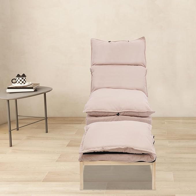 Single Lazy Leisure Chair Adjustable Recliner Balcony Reclining Japanese Tatami Chair with Ottoman Floor Seating Lounge Chair with Backrest and Footrest Upholstered Chair for Living Bedroom (Beige)