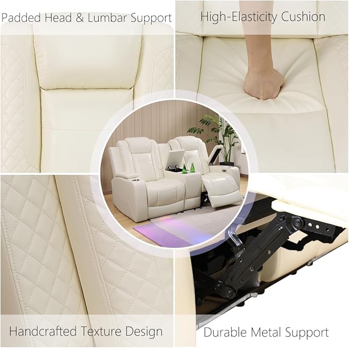 Power Theater Recliner Chair Cream White Leather Reclining Sofa Couch Chair Modern Comfy Recliner with Arm Storage/Cup Holder/USB Port for Living Room Furniture Office Home Theater