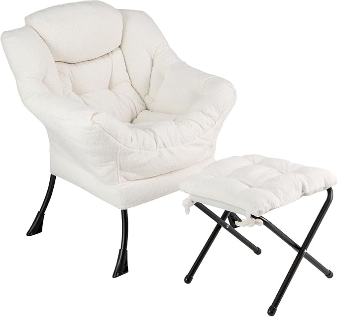 Byroce Lazy Chair with Ottoman Single Sofa Sherpa Chair with PP Cotton Filler Head Pillow &amp Zipper Design Modern Home Office Leisure Set Comfy Lounge Reading Accent Chair for Living Room Bedr