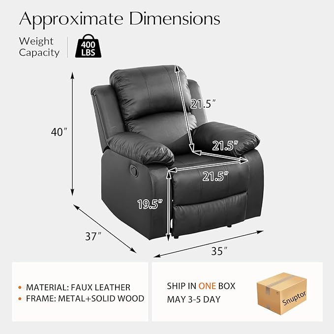 Manual Leather Recliner Chair Sofa for Living Room35 Ergonomic Reclining Chair with 10 Arm/Upholstered Seat/Metal FrameModern Single Couch for Rv Sofa/Home Theater Seating/Office(Black)