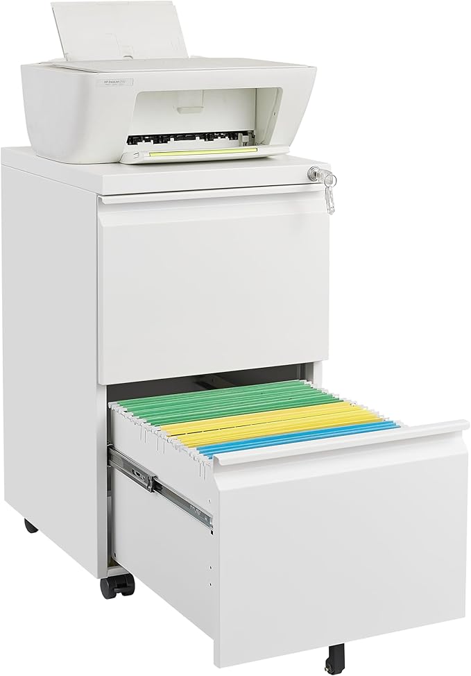 Mobile Printer Stand with Drawers and Lockable Wheels 3-Drawer Office Storage Filing Cabinet with Lock for Legal Letter Size Pre-Assembled Metal File Cabinet Except Wheels Under Desk White