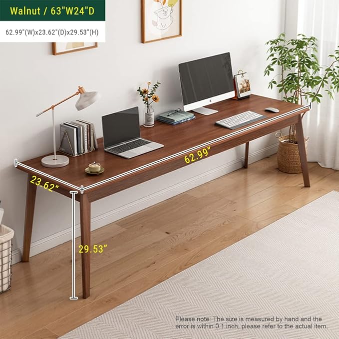 Mid-Century Long Desk Table - 63 Simple Modern Extra Long 2-Person Wood Computer Workstation for Home Office Work in Walnut 63 W x 24 D