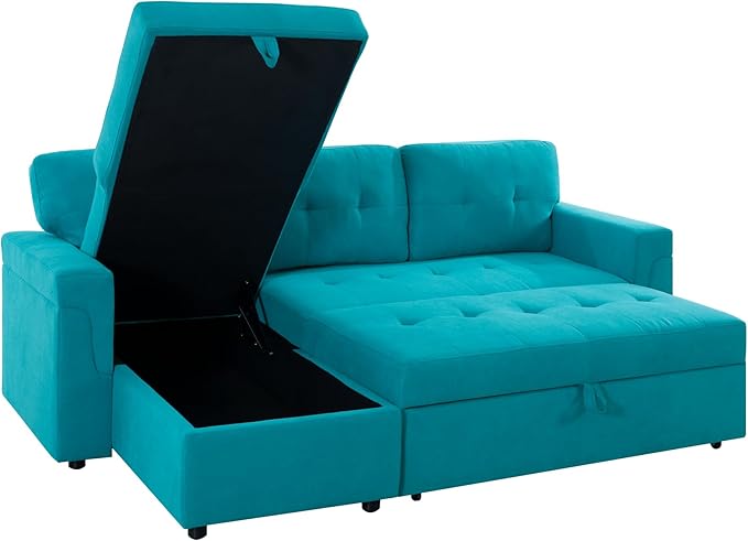 Naomi Home 85 in. Convertible Sofa with Storage Reversible L Shape Sofa Couch with Chaise Comfy Couches for Living Room Teal/Velvet