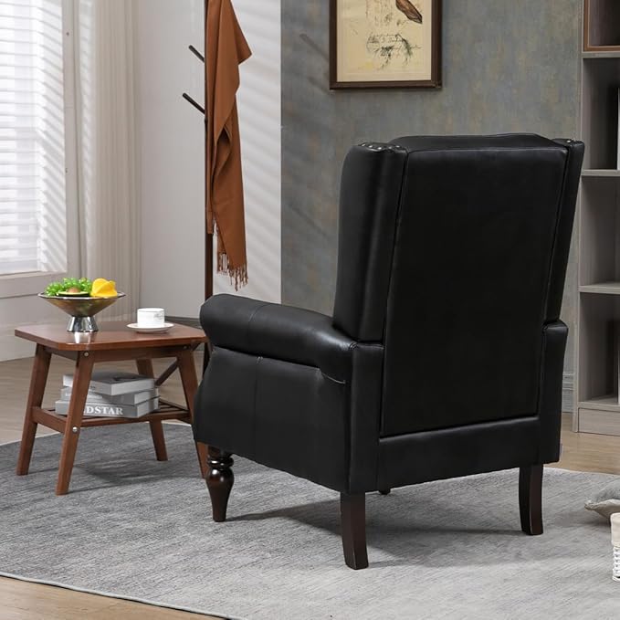 Mid-Century Wingback Chair PU Leather Accent Chair Armchair with ButtonsModern Living Room Chairs with Rivet DecorationLeisure Single Sofa Chair for BedroomClubHome Reception (PU Black)