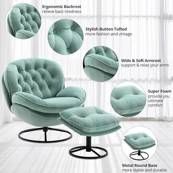 Velvet Swivel Accent Chair with Ottoman Set Modern Lounge Chair with Metal Base Frame &amp Footrest Comfortable Single Leisure Sofa Chair Reading Chair with 360 Degree Swiveling for Living Room Te
