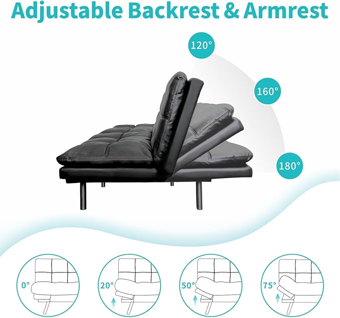 MUUEGM 71 Convertible Futon Sofa Bed Multi-Position Adjustable Back &amp Arms Space-Saving Comfortable Sleeper Couch Modern Loveseat for Urban Apartments &amp Offices – Matte Black