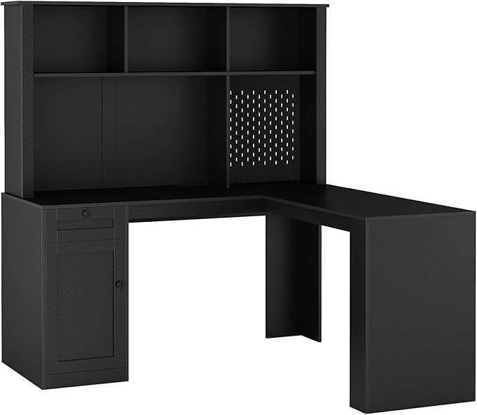 L Shaped Desk with ChargerComputer Desk with DrawersBookshelfModern Corner DeskHome Office DeskL-Shaped Study Table Writing DeskCarbon fiber Gaming Computer Desk with Storage (59 Black)