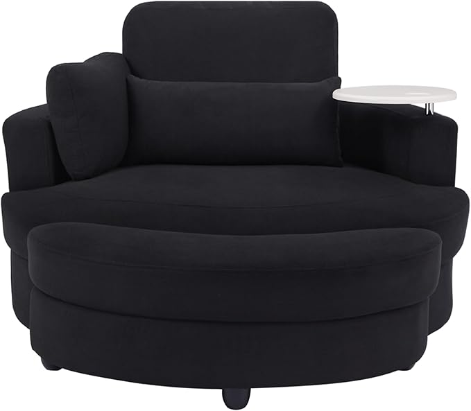 Yoglad Oversized Round Swivel Accent Chair - 360 Degree Chairs with Ottoman Armrest Tray Ideal for Living Room Bedroom(Corduroy Black)