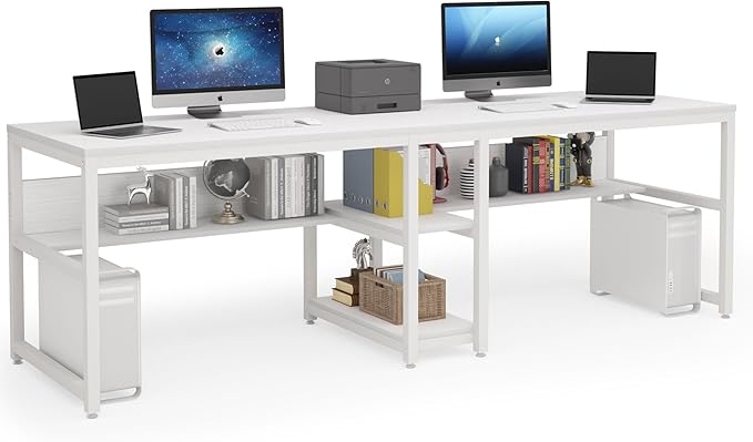 LITTLE TREE Industrial 78.7 Desk with Shelves Double Workstation for Two People Computer Office Desk Writing Table with 3 Drawers Large Metal Tabletop White