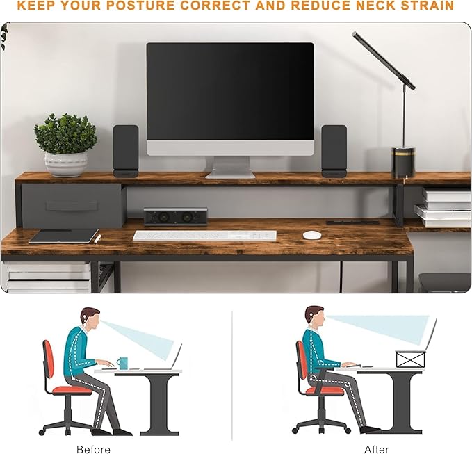 Home Office Desks with Drawers 66'' Computer Desk with Storage Office Desk with Monitor Stand Work Desk with Outlets and USB Gaming Table Desk with File Cabinet for Home Office Table Brown
