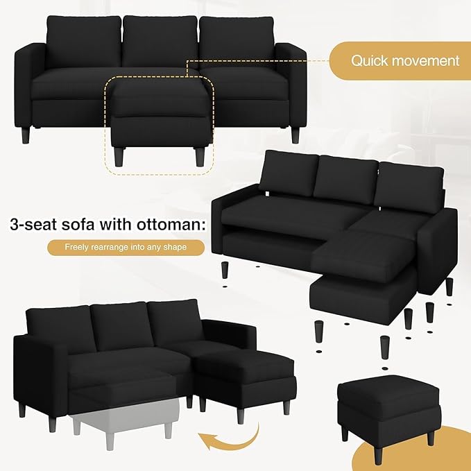 JAMFLY 3-Seat Reversible L-Shaped Sectional Sofa with Convertible Ottoman Modern Upholstered Fabric Couch for Small Living Rooms Apartments &amp Studios Black