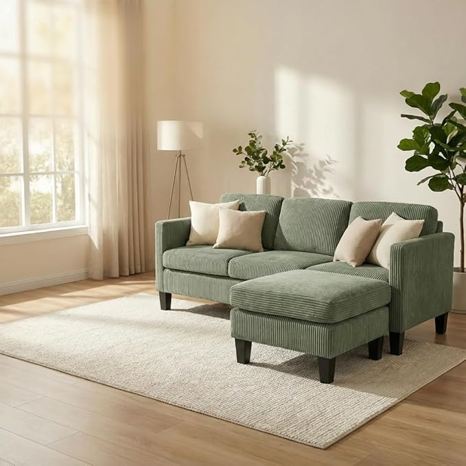 Modern L-Shaped Sofa with Corduroy Fabric 3-Seater Sectional Couch for Small Space Space-Saving Design Easy Assembly (Green)