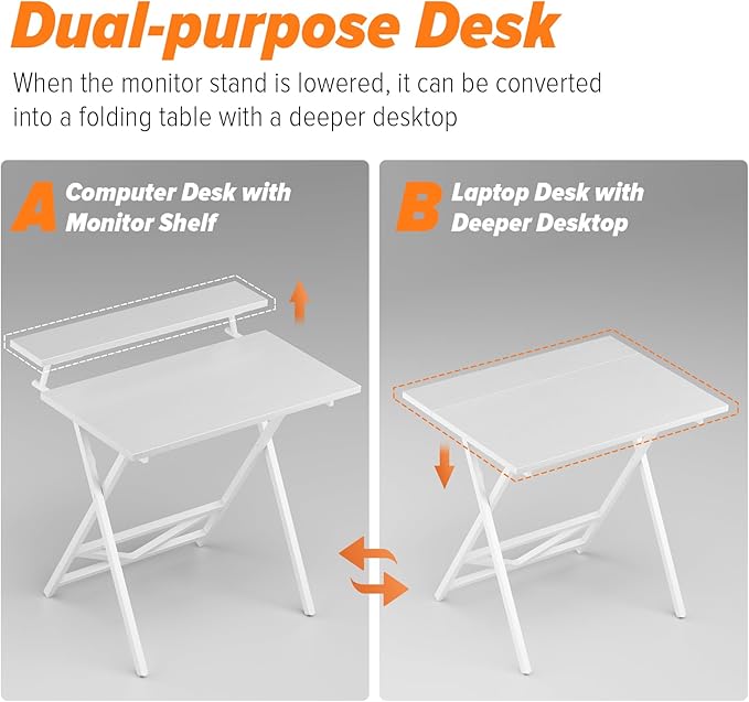 WOHOMO Folding Computer Desk with Adjustable Height 23.6 x 31.5 x 25.6 Foldable Table with Monitor Stand Small Office Desk for Bedroom Space Saving Desk for Home Office Easy Assemble White