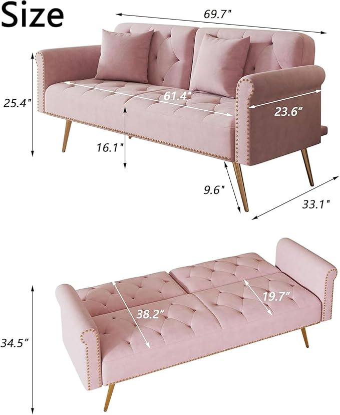 Stylish Velvet Sofa 70 Sofa Sleeper Convertible with Matching Pillows for Living RoomApartmentSmall Spaces (Pink)