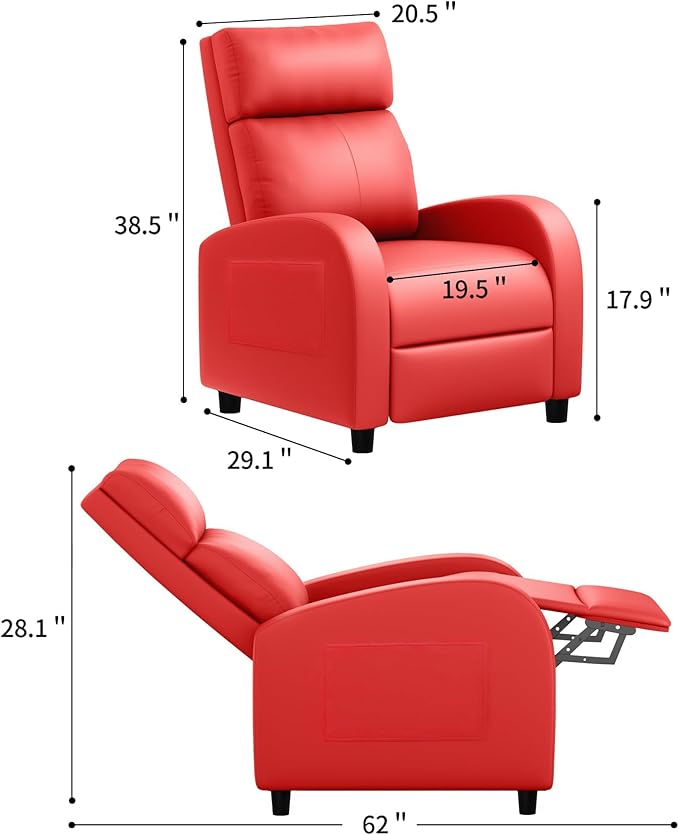 JUMMICO Recliner Chair Adjustable Home Theater Single Recliner Sofa Furniture with Thick Seat Cushion and Backrest Modern Living Room Recliners (Leather Red)