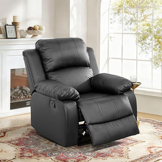 Manual Leather Recliner Chair Sofa for Living Room35 Ergonomic Reclining Chair with 10 Arm/Upholstered Seat/Metal FrameModern Single Couch for Rv Sofa/Home Theater Seating/Office(Black)