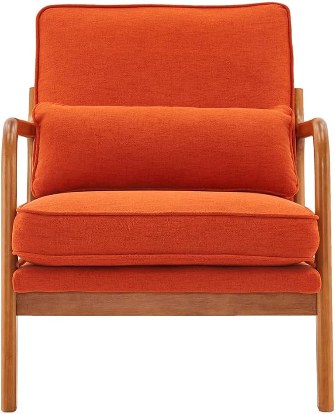 Accent Chair Mid-Century Modern Upholstered Armchair with Lumbar Pillow Comfy Lounge Chair Reading Chair with Solid Wood Frame &amp Soft Cushion for Living Room Bedroom Balcony Burnt Orange