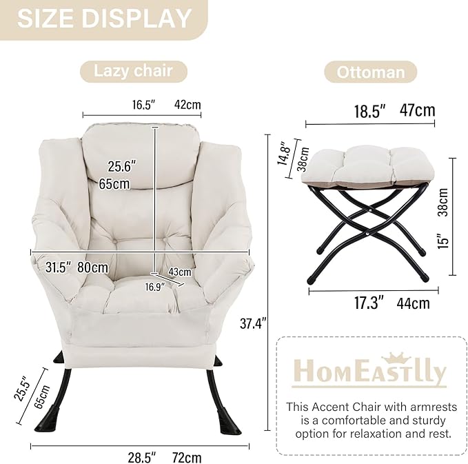 Lazy Chair with Ottoman Large Beige Accent Chair with Ottoman Comfy Reading Armchair Leisure Sofa Chair for Living Room Bedroom Dorm Room Office