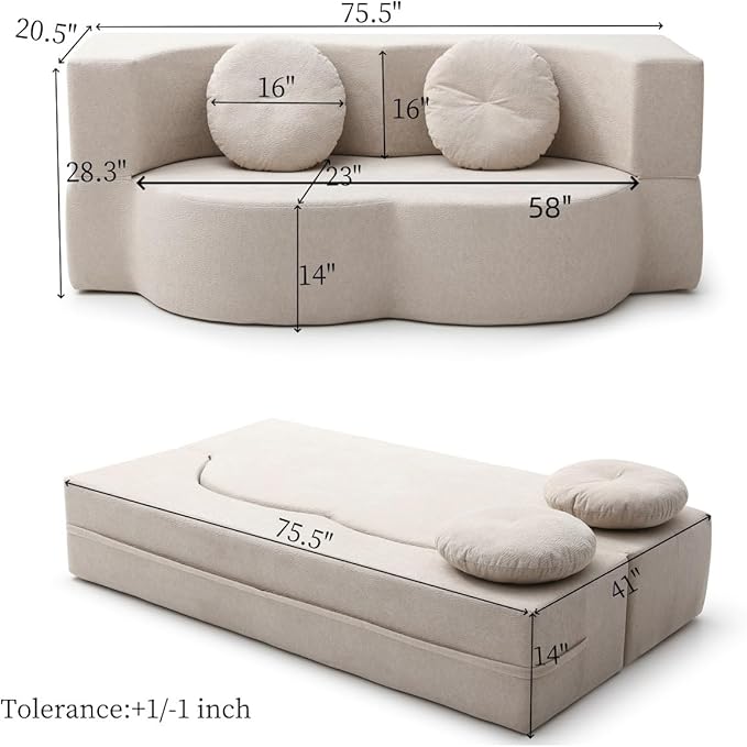 KEIKI 2-in-1 Folding Sofa Bed with Pillow Queen Sleeper Sofa Floor &amp Futon Loveseat Couch Foam Folding Mattress for Living Room Guest Use Office Apartment No Assembly Required Beige