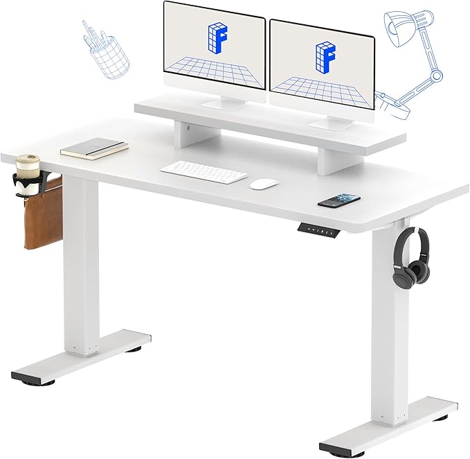 FLEXISPOT Standing Desk with Monitor Stand 55 x 24 Inches One-Piece Electric Height Adjustable Computer Desk with Cup Holder for Home Office White