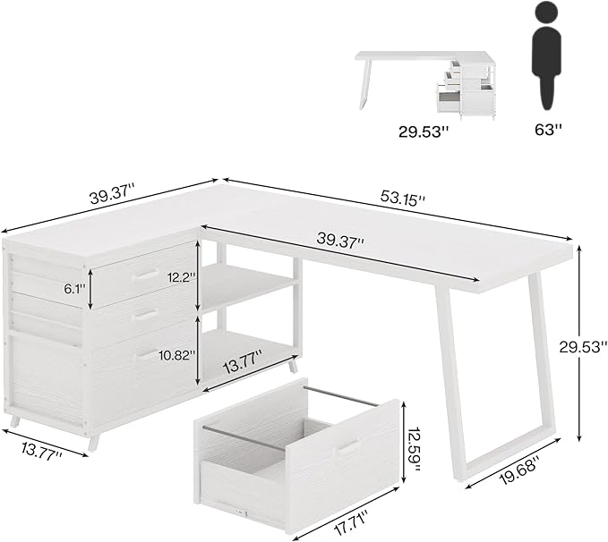 Tribesigns 53 L Shaped Office Desk Reversible Corner Computer Desk with 3 File Drawers and 2 Storage Shelves for Home Office Study Gaming Room (White)