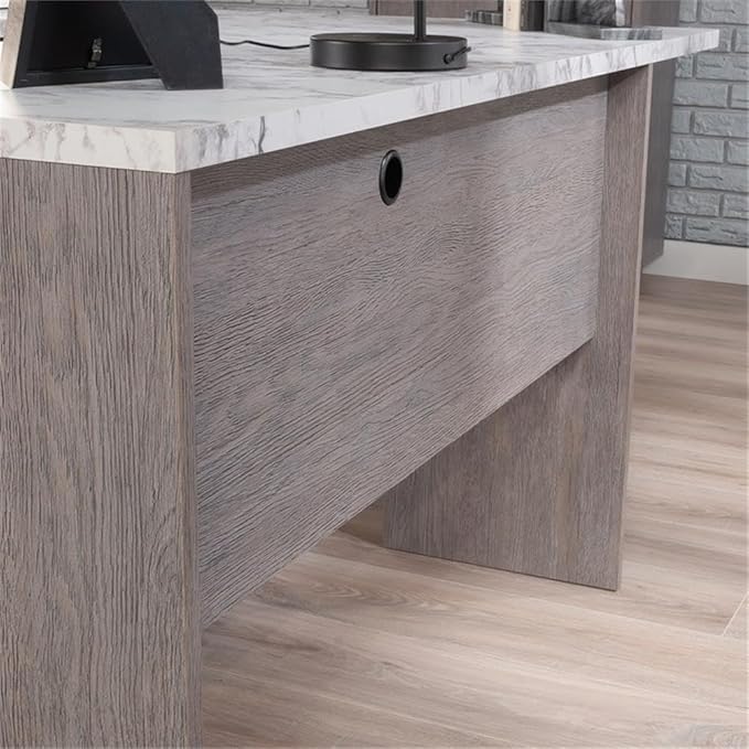 Pemberly Row Engineered Wood L-Shaped Desk 59 in x 58 in x 30 in Ashen Oak Finish Durable Home Office Desk with Storage Drawers and Shelves Compact Workspace for Study or Dorm Room Use
