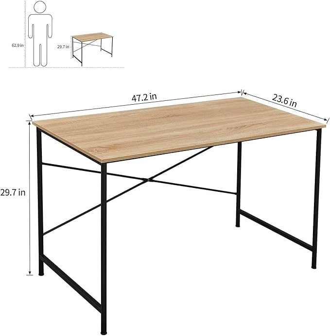 Coavas 47 inch Office Computer Desk Large Study Desk Simple Writing Table Workstation for Home Oak Tabletop with Black Frame