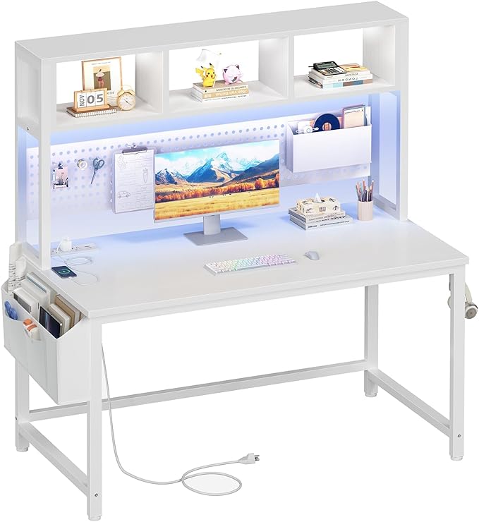 White Gaming Desk with Hutch and Pegboard - Computer Desk with Hutch Power Outlet 47 Inch Art Desk with Storage Hooks RGB and Side Bag Writing Modern Study Teen Desks for Girl Bedroom Home Office