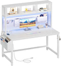 White Gaming Desk with Hutch and Pegboard - Computer Desk with Hutch Power Outlet 47 Inch Art Desk with Storage Hooks RGB and Side Bag Writing Modern Study Teen Desks for Girl Bedroom Home Office