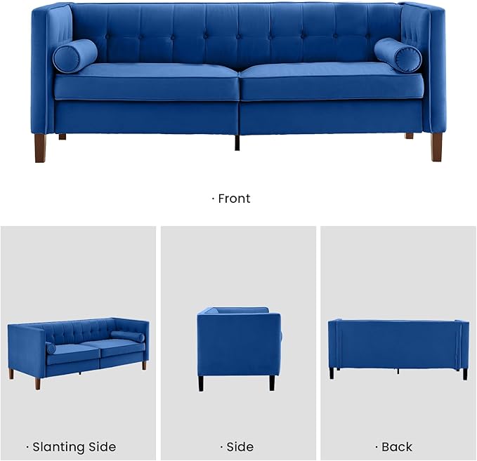 Kingfun 78 Couch for Living Room Mid Century Modern Sofa Velvet Loveseats with Bolster Pillows Home Sofa for Bedroom Blue