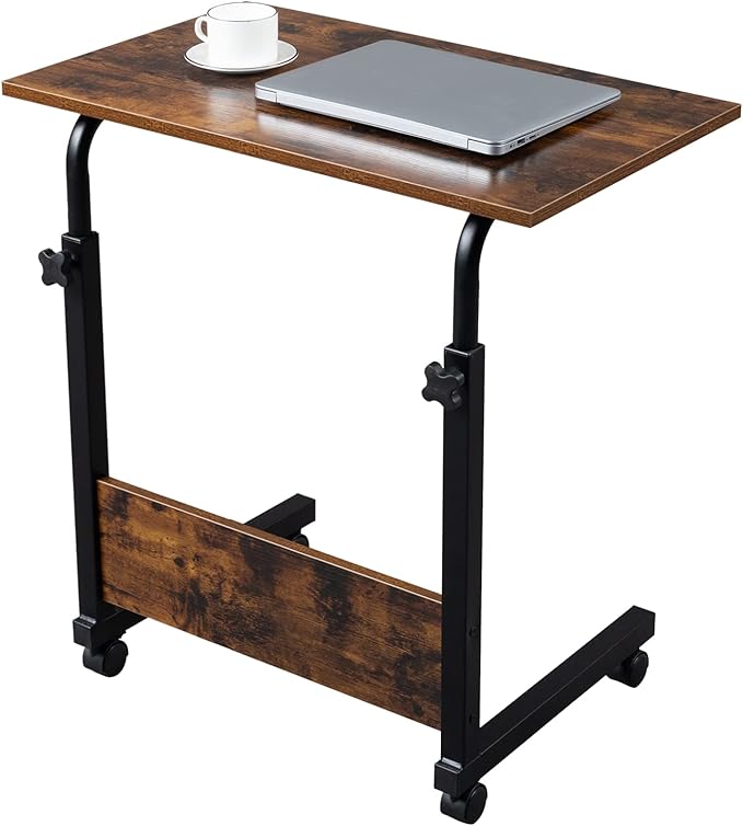 Side Mobile TableComputer Desk with Wheels Height Adjustable Rolling Potable Laptop Cart C-Shaped Bed Couch End Tables for Living Room Bedroom (Retro M)