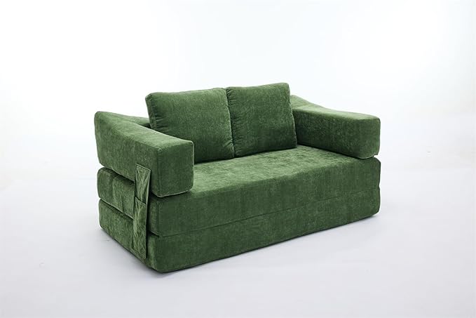 LUMISOL 70 Folding Pull Out Sofa Bed Convertible Futon Sofa Bed with Removable Armrests &amp Side Pockets Portable Foldable Floor Sleeper Sofa Couch with 2 Pillows for Living Room Green