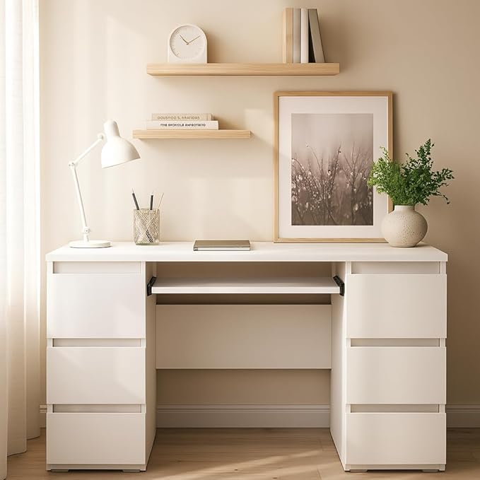 47'' Computer Desk with 6 Drawers and Keyboard Shelf Modern Wood Writing Desk with Storage for Home Office Bedroom Gaming Study or Vanity Table (White)