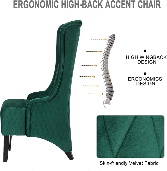 Henf Velvet Modern Wingback Accent Chair Green Comfortable Fabric Covering 20.5W x 18.9D x 46H