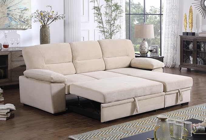 Lilola Home Kipling Beige Velvet Fabric Reversible Sleeper Sectional Sofa Chaise