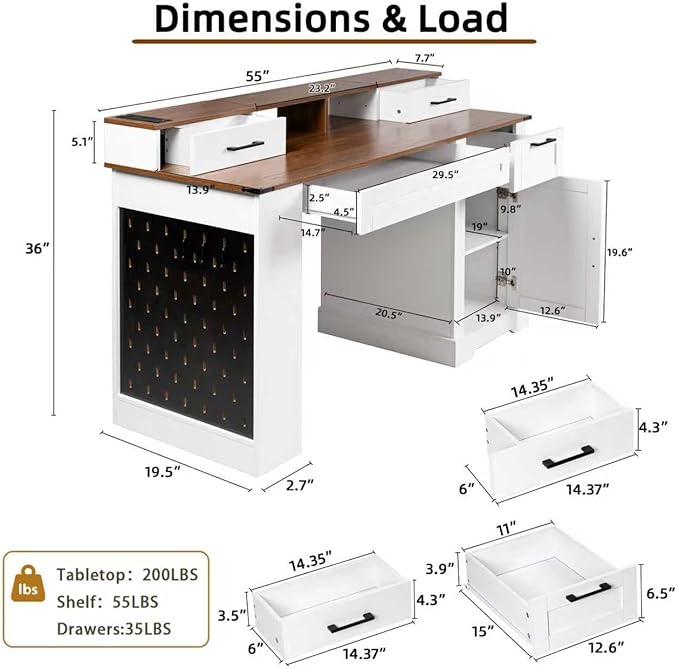 55 Farmhouse Home Office Executive Computer Desk with USB Drawer and Monitor Stand Large Ergonomic Writing Gaming Desk Table with Kyboard Peg Board Storgae Cabinet(White)