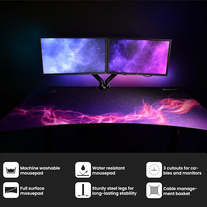 Arozzi Arena Special Edition Ultrawide Curved Gaming and Office Desk with Full Surface Water Resistant Desk Mat Custom Monitor Mount Cable Management Cut Outs - Purple Galaxy