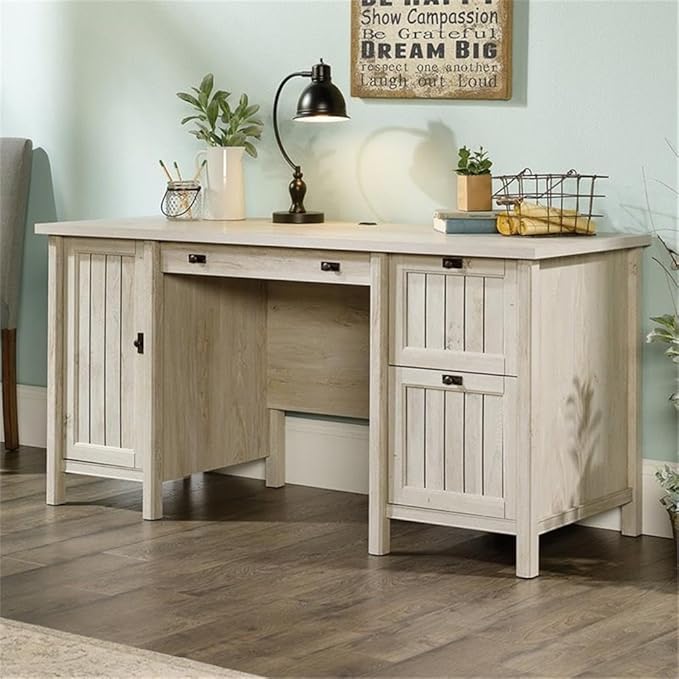 Pemberly Row Cottage Look Home Office Computer Desk with CPU Tower Storage and Filing Drawer in Chalked Chestnut