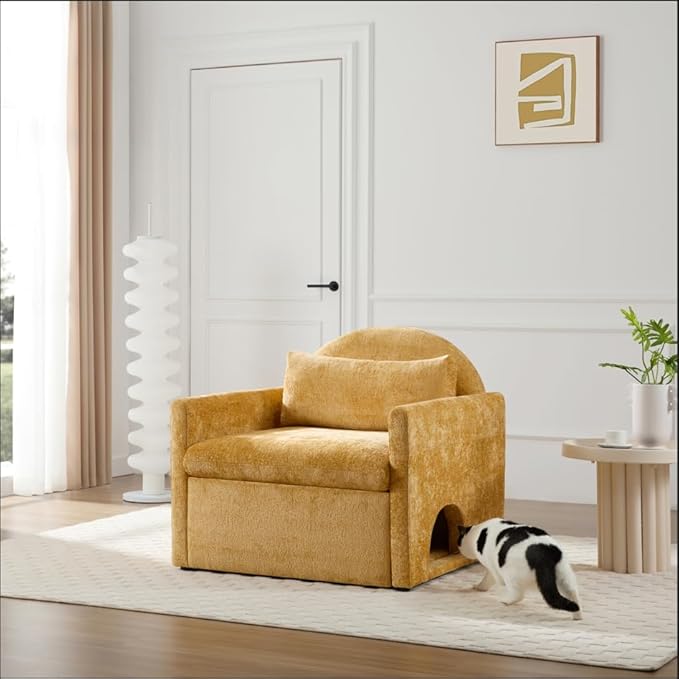 Single Sofa ChairModern Chenille ArmchairLounge Chair with Cat DedYellow Chairs for Living Room BedroomRemovable Washable Covers