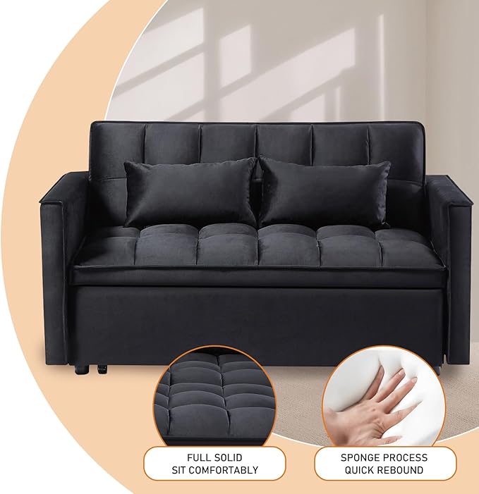 3 in 1 Convertible Sleeper Sofa Futon BedModern Velvet Pull Out Couch Bed with Reclining Backrest&amp2 Pillows54 Full Size Small Love Seat Lounge Couches for Small SpacesLiving Room (Black)