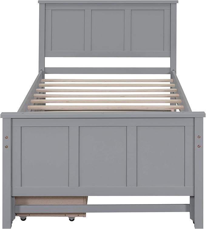 Merax Classic Solid Wooden Bed Farme with Trundle Bed and Drawers Storage Sofa Bed for Living Room Bedroom Guest Room Space SavingGray