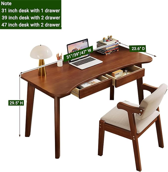 Solid Wood Computer Desk with DrawersModern Home Office DeskWooden Writing Desk Curved Table Top Study Table(47inch Natural)