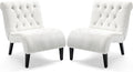 AVAWING Armless Accent Chair Set of 2 Upholstered Button Tufted Living Room Chairs with Wood Legs Comfy Frosted Velvet Lounge Chair Reading Chair for Bedroom Cream White