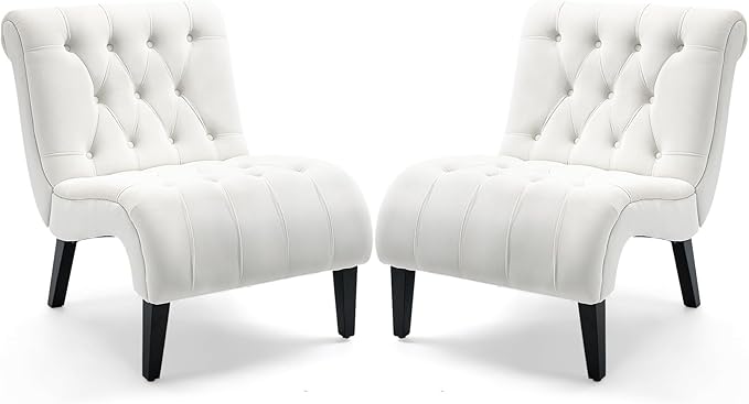 AVAWING Armless Accent Chair Set of 2 Upholstered Button Tufted Living Room Chairs with Wood Legs Comfy Frosted Velvet Lounge Chair Reading Chair for Bedroom Cream White